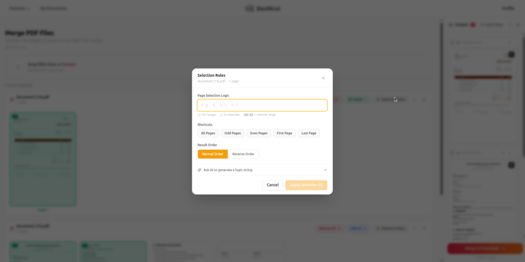 Smart selection of pages to merge pdf